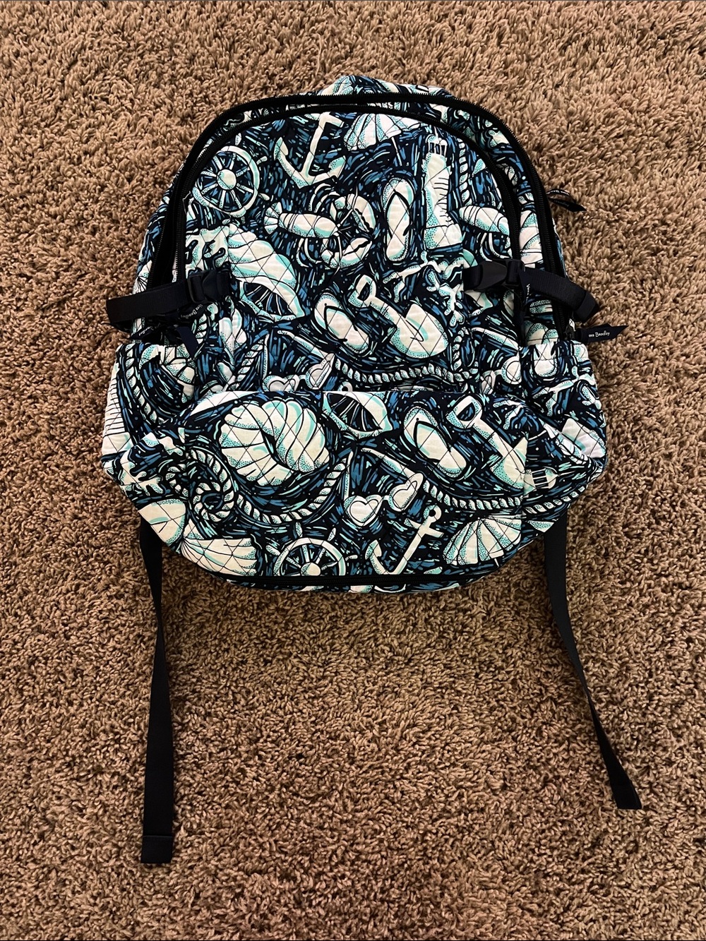 Vera Bradley Quilted Backpack - Teal, Navy & White Floral Print